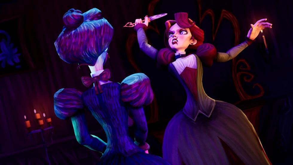 Animated woman holds a knife above another woman