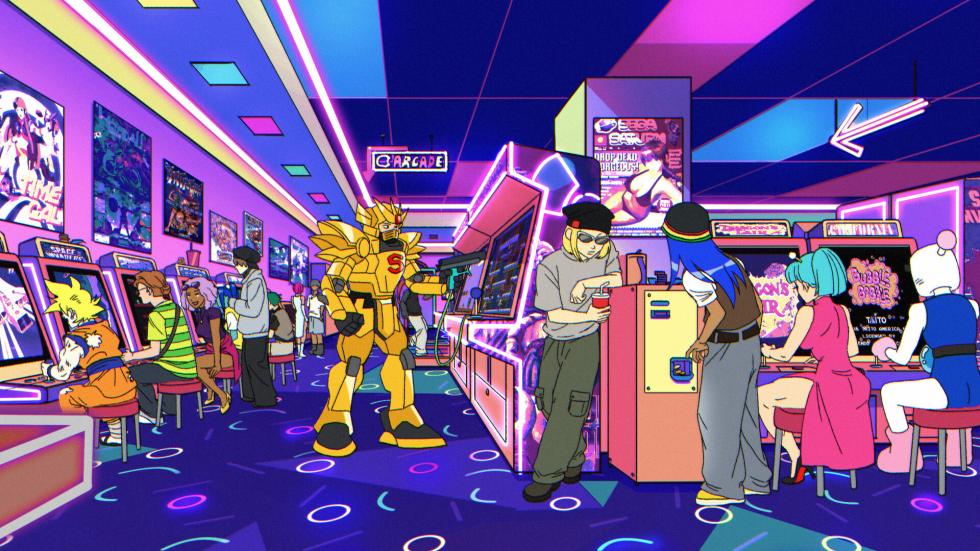 Various characters hanging out at the arcade