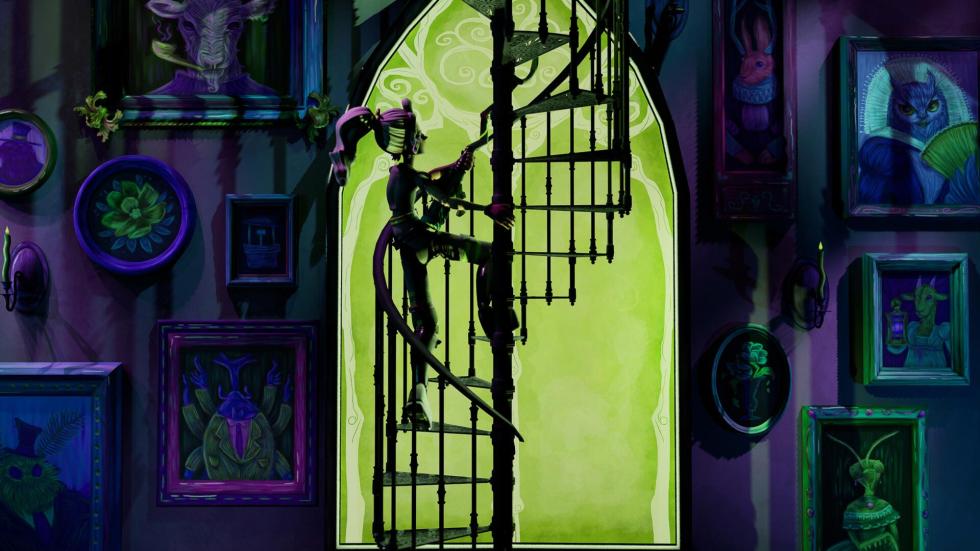 Elliot climbs the spiral staircase
