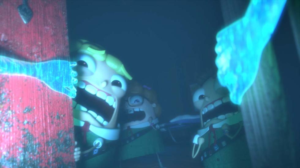 A Night in Camp Heebie Jeebie film still animated young people scared opening a door.