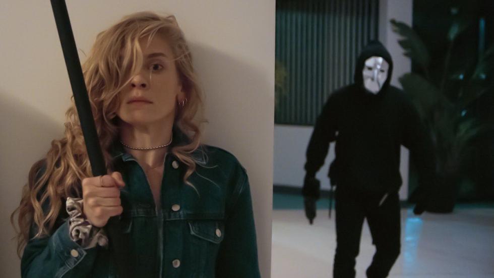 Initiation film still woman hides from masked intruder