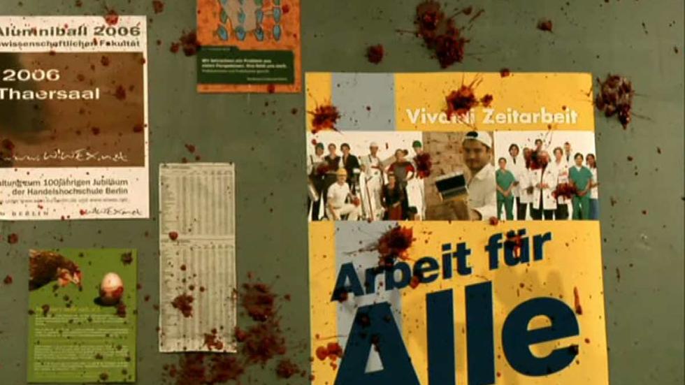 Full Employment bloodied employment poster board with signs