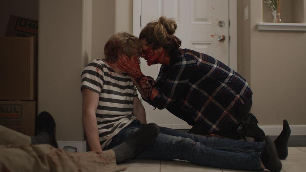Red Letter Day film still mom comforts injured son