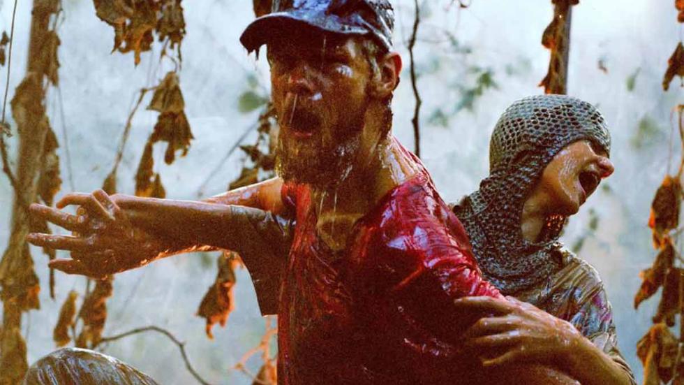 Resin film still Man in the rain being held back