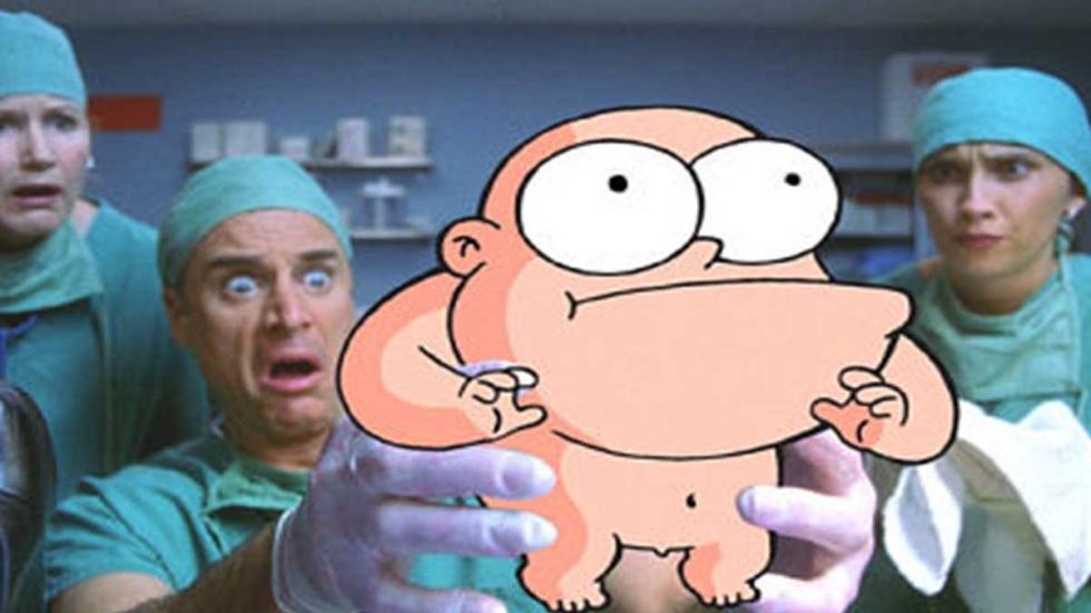Save Virgil doctor holds an animated baby with big eyes