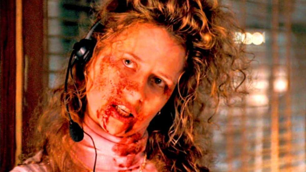 Slither bloody face woman with earphones