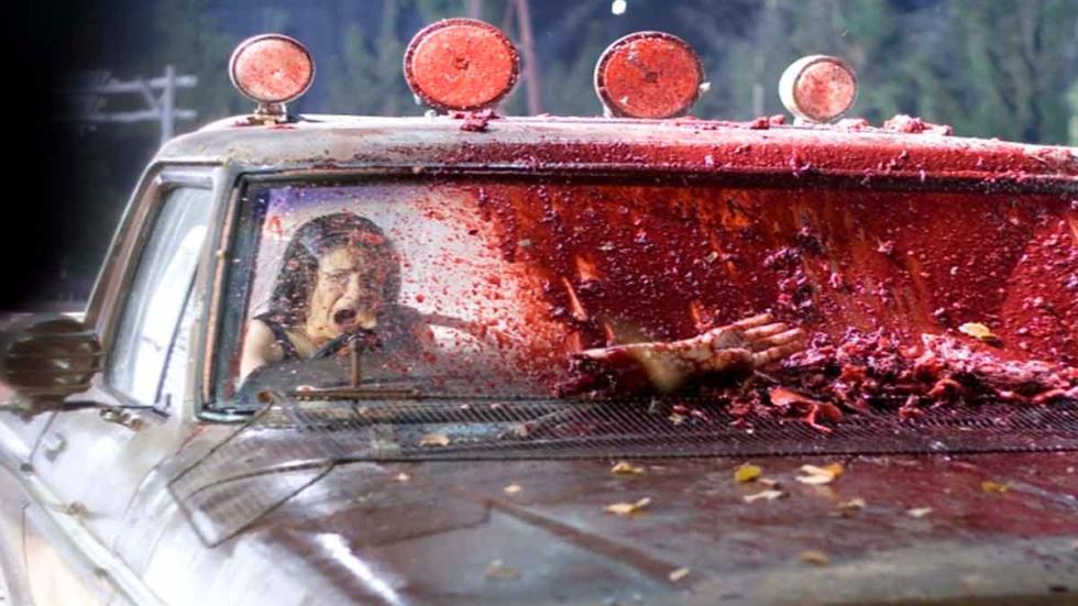 Storm Warning bloody all over the police car windshield
