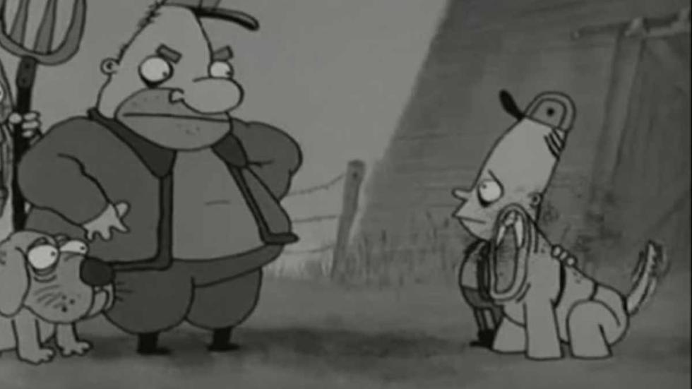 The Thing With No Head An animated man looks at an human head creature with a dog body